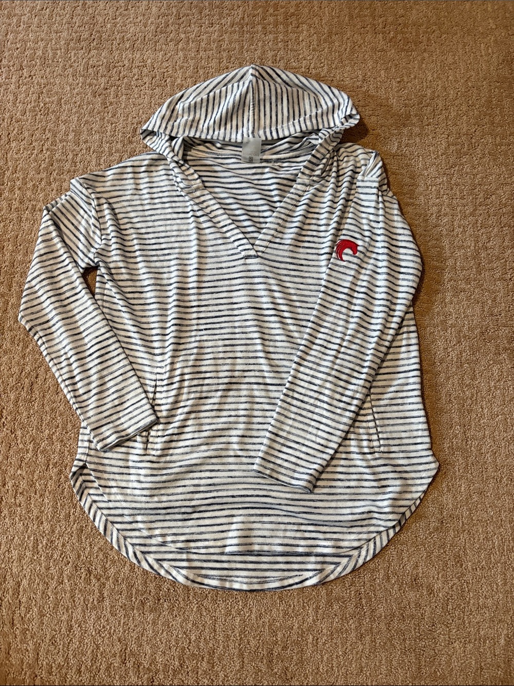 VGUC kate lord Striped Hooded V-Neck Tunic with Red Accent, size large
